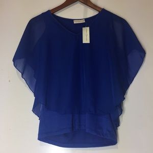 Blue Shoulder Flowy Sheer Cover Cape Blouse Top